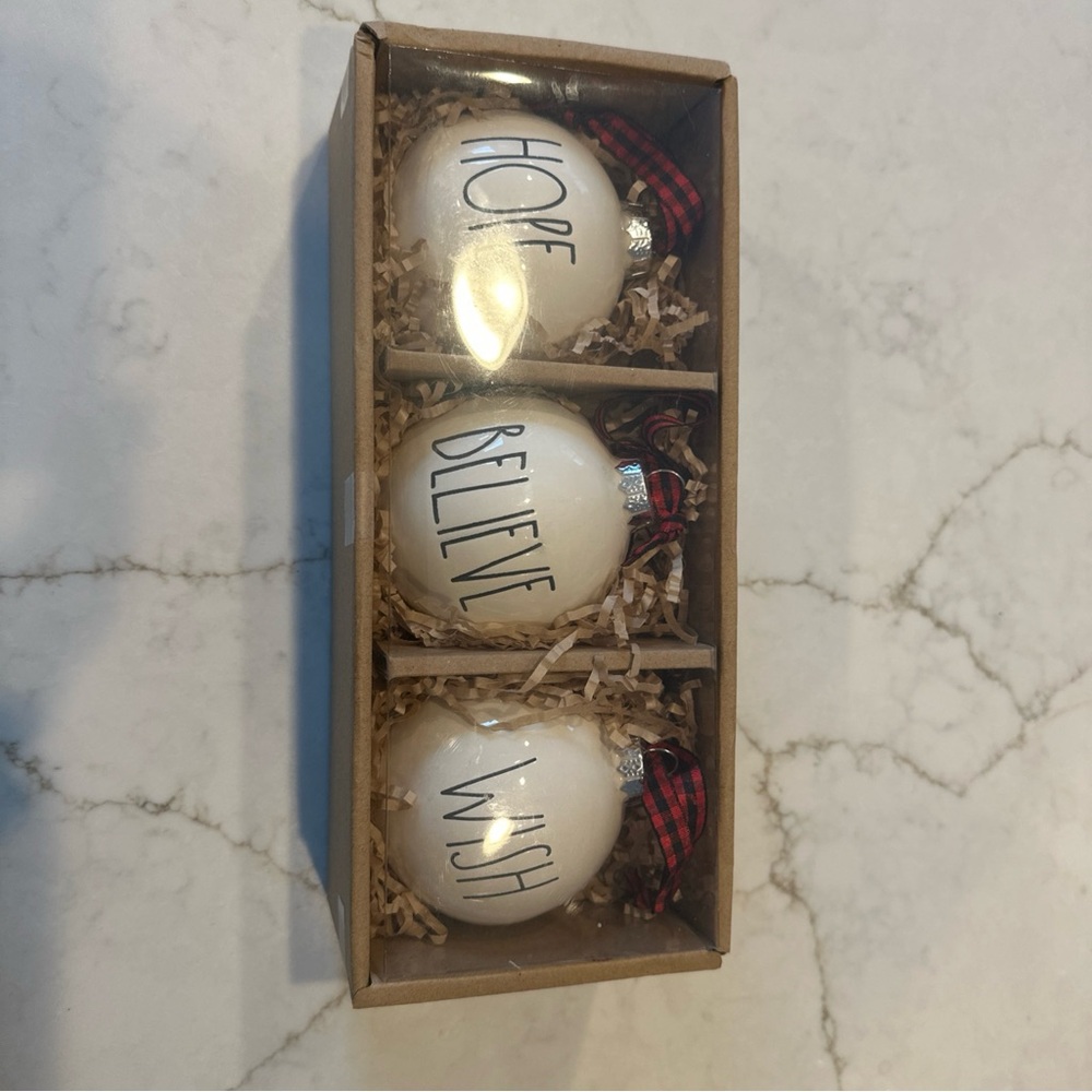 (3) Rae Dunn 3" Ceramic Christmas Ornaments ~ Believe ~ Wish ~ Hope ~ New In Box